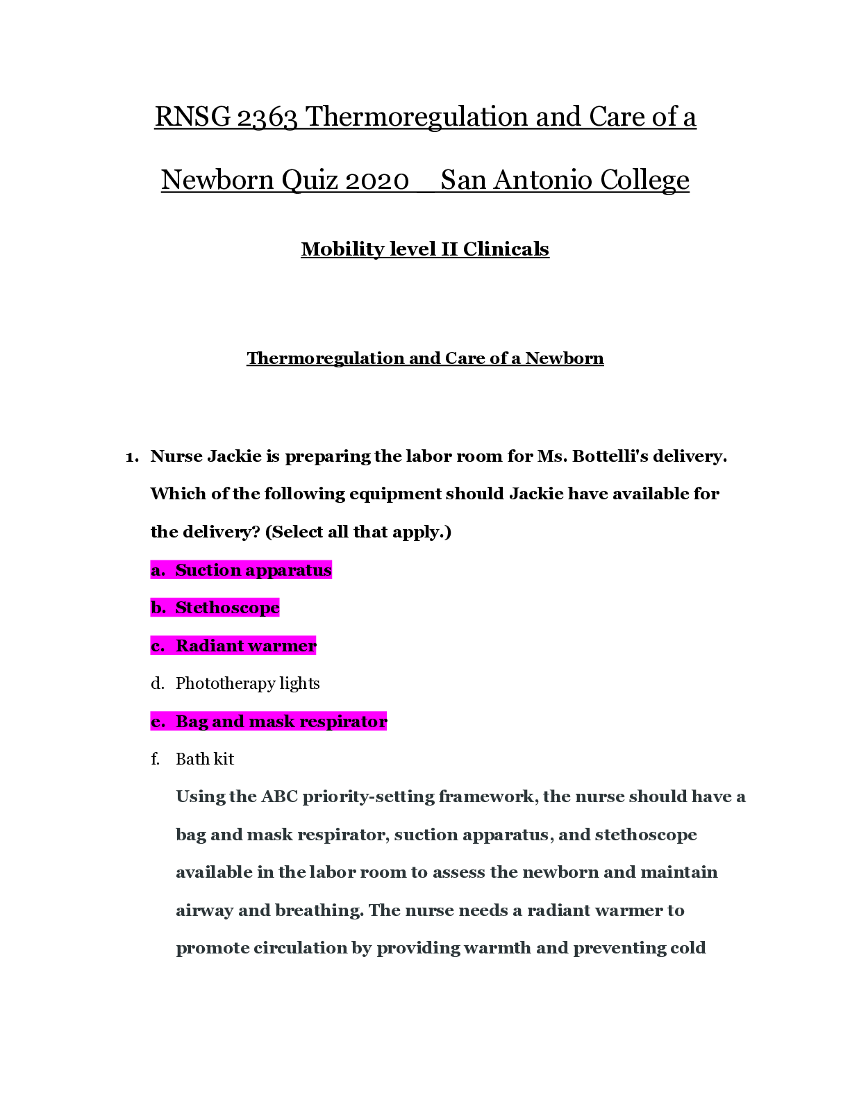 Preview image for RNSG 2363 Thermoregulation and Care of a Newborn Quiz 2020 _ San Antonio College | Thermoregulation and Care of a Newborn
